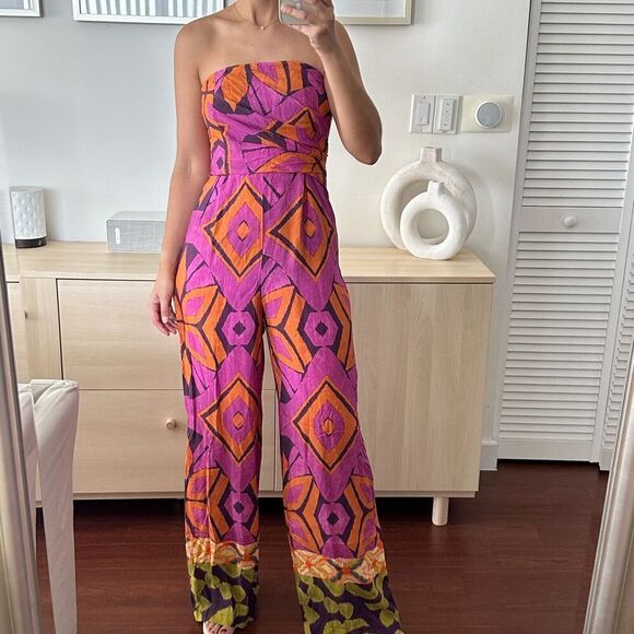 Zara Jumpsuit Womens Small Printed Bandeau Wide Leg Strapless Geometric Boho NEW
